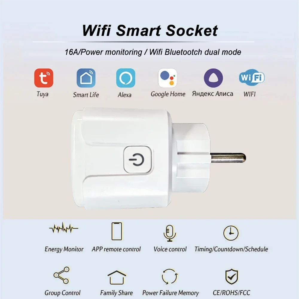Tuya Smart Socket WiFi 16A/20A EU Plug Outlet Remote Control Timing Power Monitoring Google Home Alexa Yandex Alice Smart Life