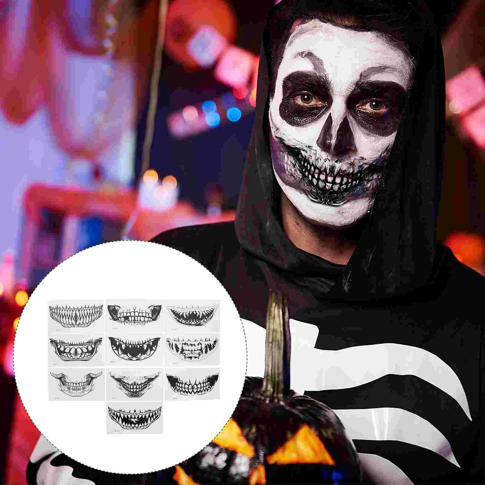 10 Sheets Halloween Tattoo Stickers Face Decals Accessory Teeth Tattoos The Creepy Mouth Pvc