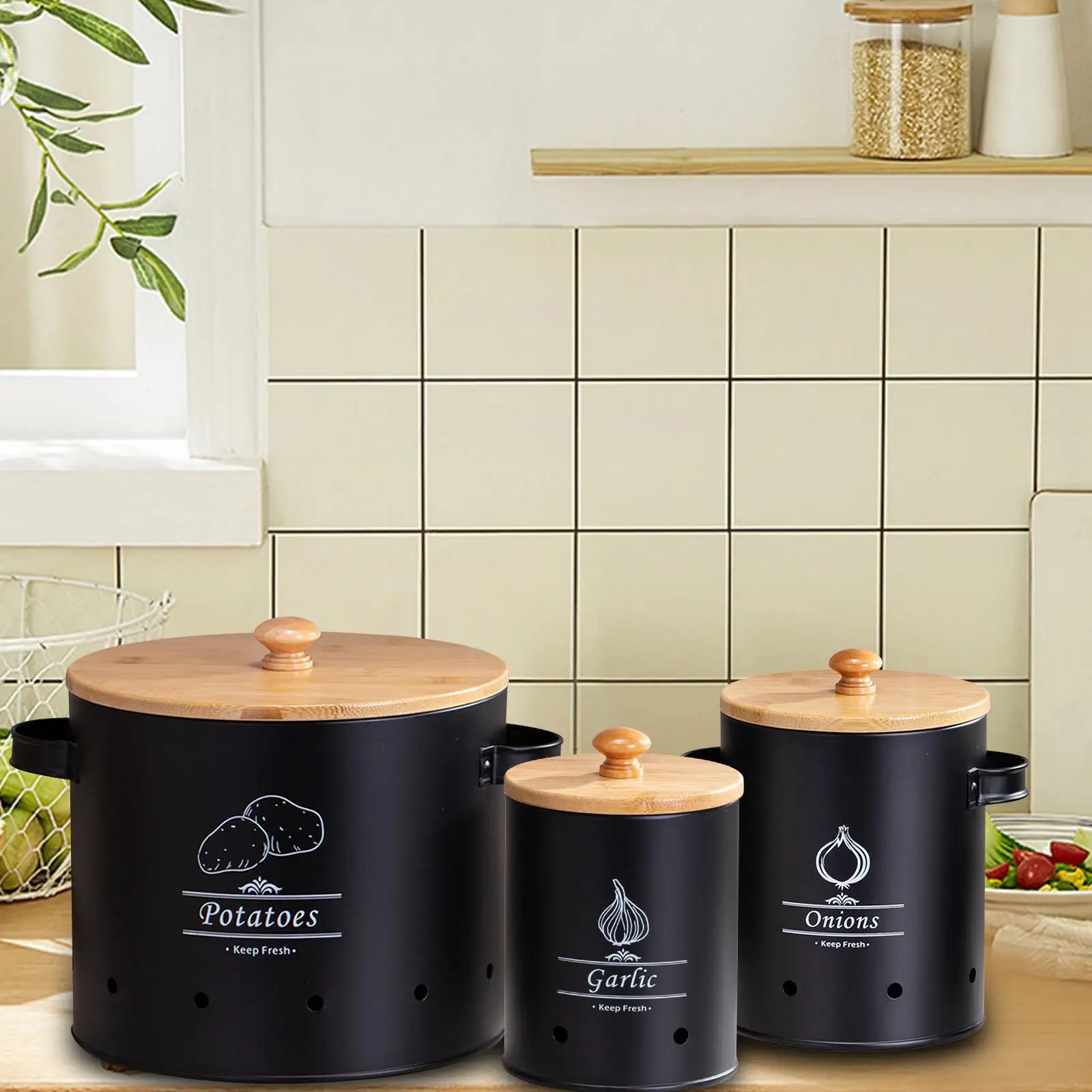 3Pcs Fresh Garlic Onion and Potato Storage Box Fruit Pot Airtight Food Storage Container Set Breathable Metal Box with 2 Handles