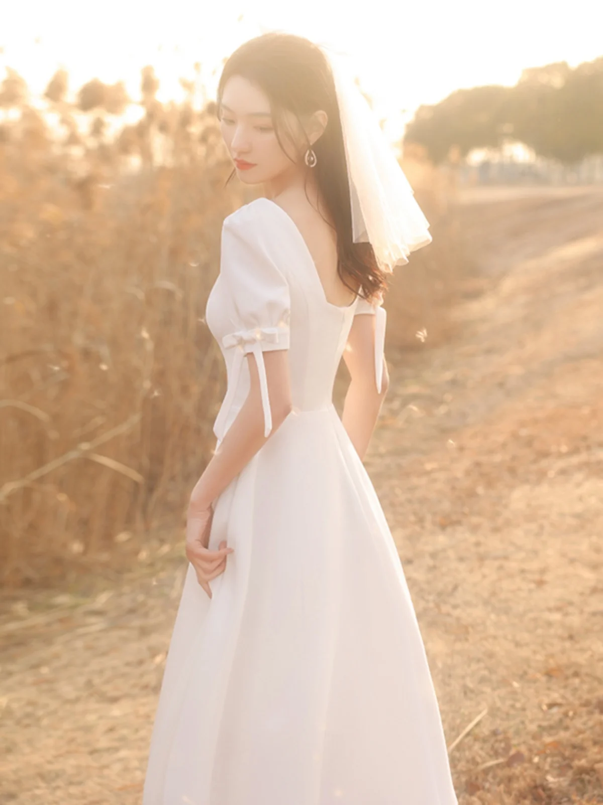 ウェディングドレス サテン仕上げ 半袖 プリンセススタイル ハイウエスト ジッパーバック フォーマルイブニングドレス 婚約やセレモニー用