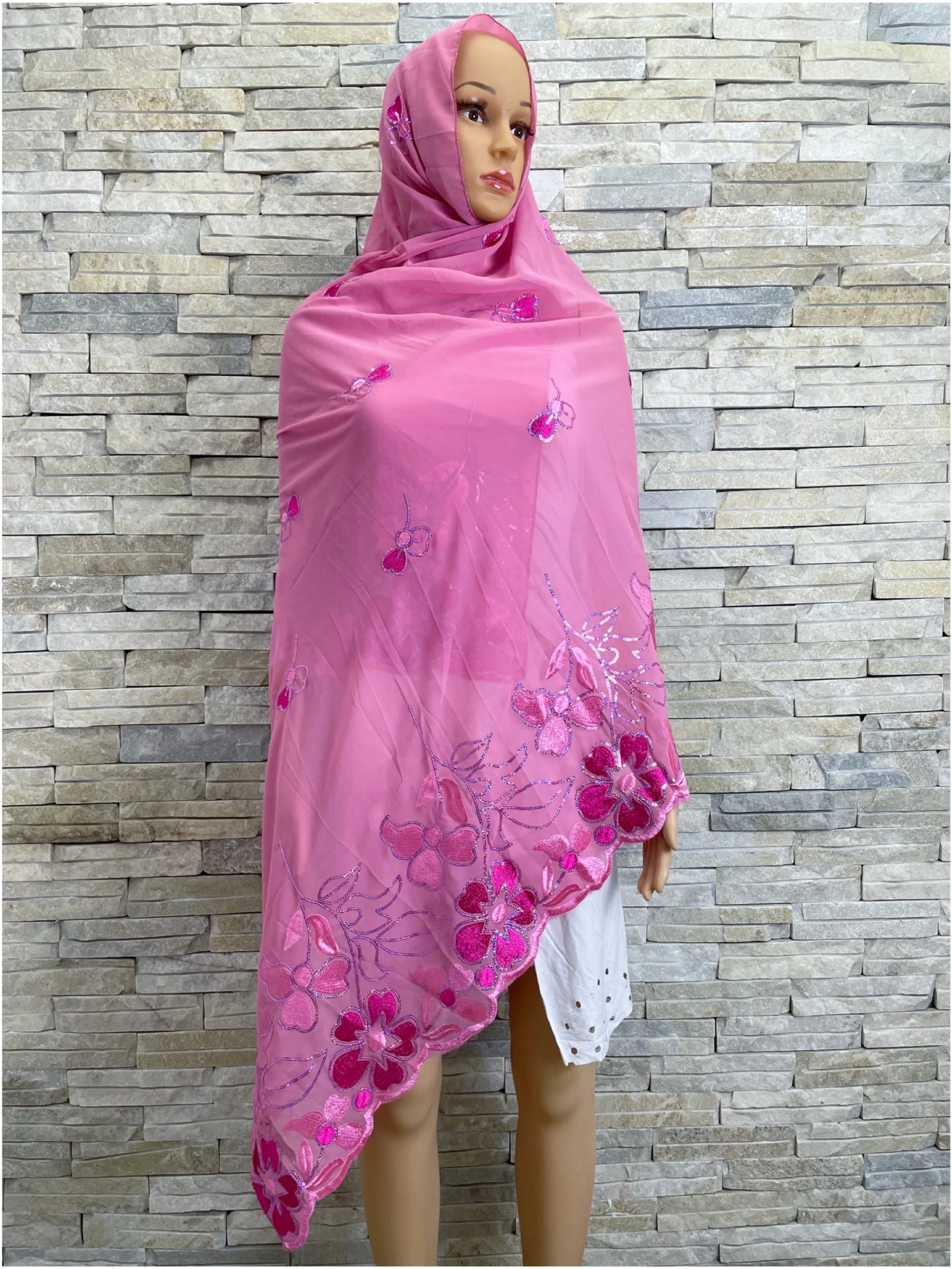 Latest African Muslin Islamic Ramadan Hijab Chiffon Sequin Embroidery Scarf Pashmina Extremely Soft Turban Women Spring Wrap