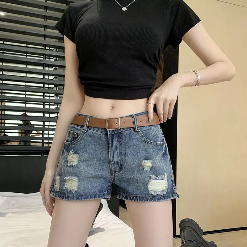 Summer 2026 Women's Mid Rise Denim Shorts Slimming Loose Fit Distressed Zipper Accent Korean Style Trendy