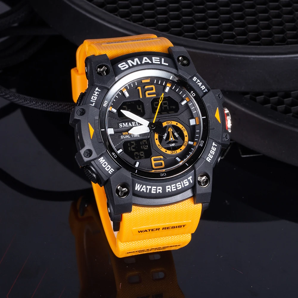 SMAEL Sport Watch mężczyźni Alarm Chronograph zegar stoper LED data-Day podwójny czas strefa wodoodporna 5Bar wojskowe zegarki męskie 8007