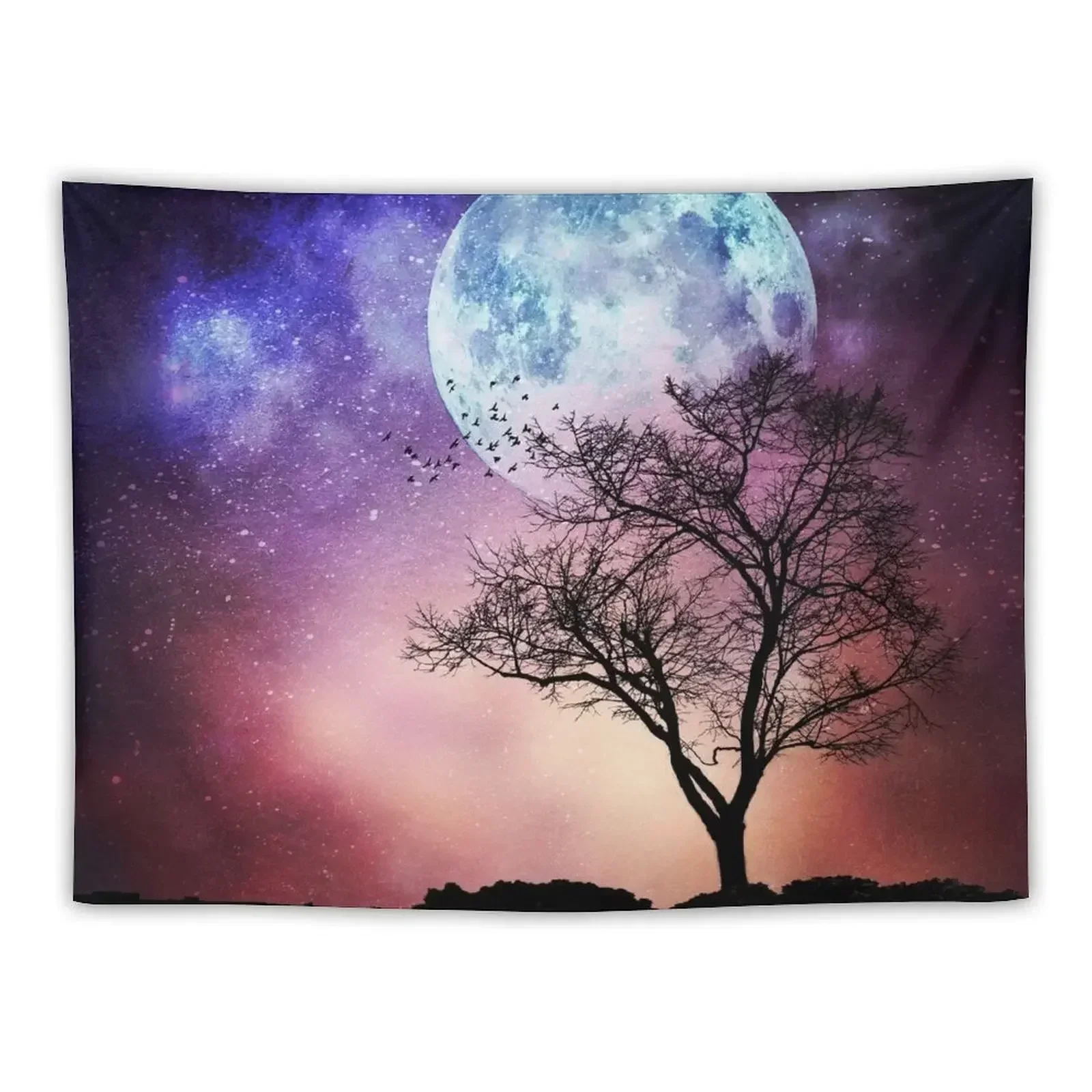 

Moon Tree - Magical Night Scene with Tree and Full Moon Tapestry Anime Decor Wall Art Tapestry