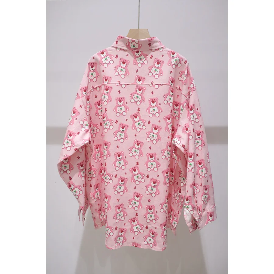 Korean Style Pink Cartoon Bear Oversized Denim Shirt Female 2024 Autumn New Loose Mid Length Cotton Single-breasted Jacket Women