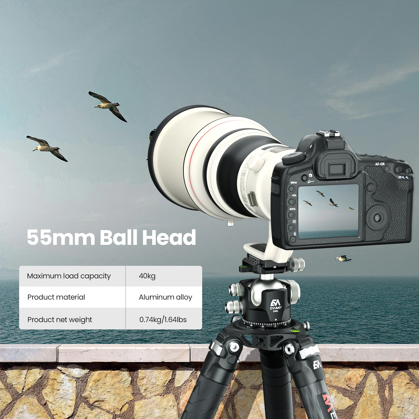 EVUMO DX55 Professional Big Ball Head Max Load 40kg 88lbs with Picatinny Clamp Arca Swiss Plate for Camera Monopod Tripod Phone