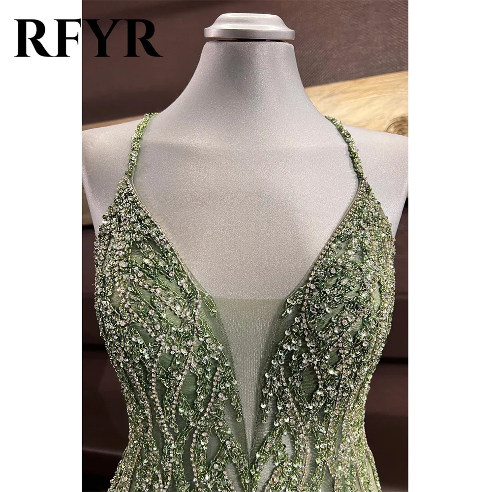 RFYR Dusty Sage Prom Dress Beach Lace Evening Dresses Beaded Cross Back Chiffon Party Dress V-Neck Sequins Embroidery Long 프롬드레스