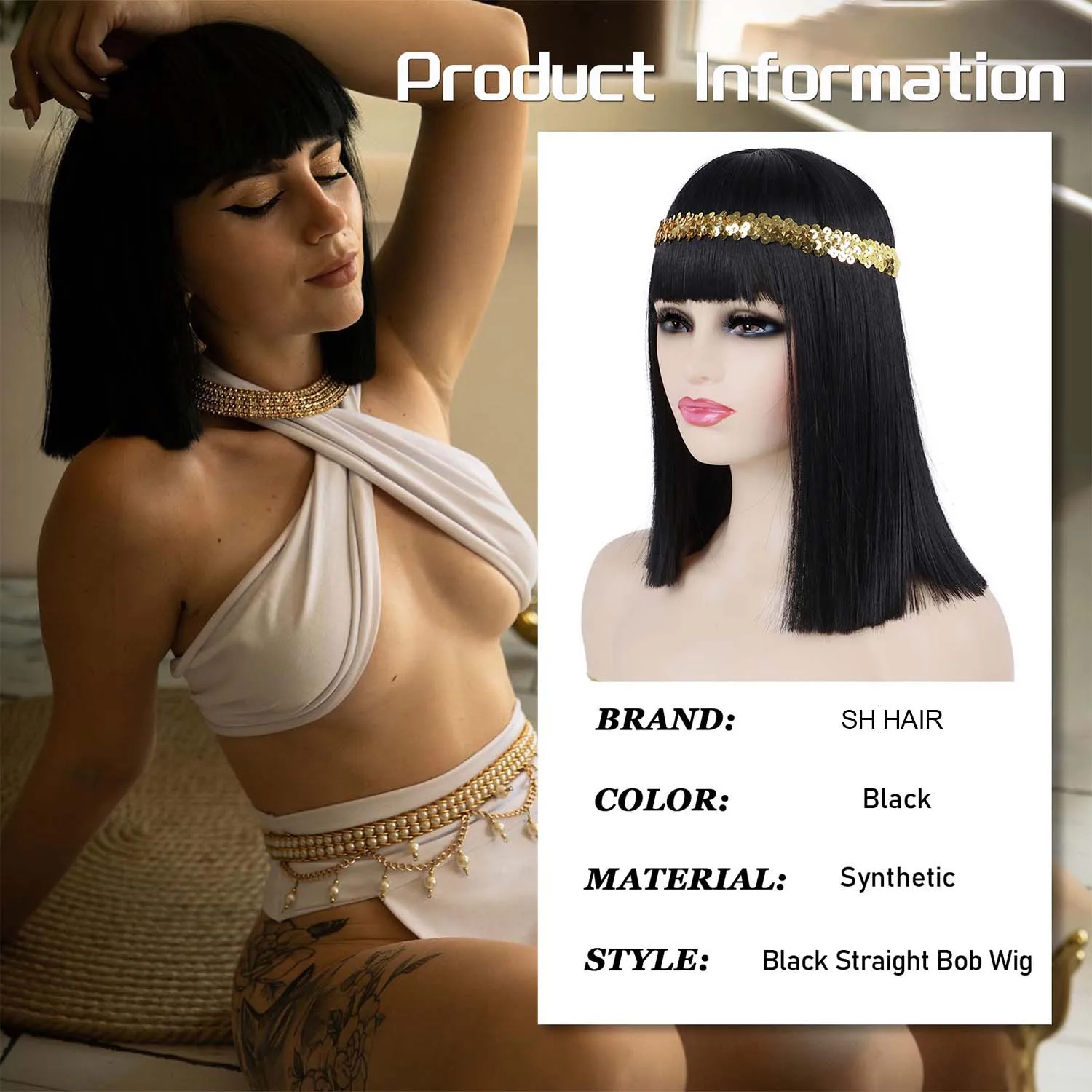14Inch Synthetic Egypt Queen Cleopatra Wig Short Straight Black Hair with Bangs Halloween Party Carnival Cosplay Wigs