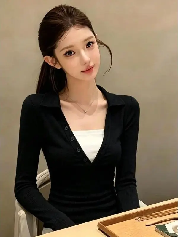Color Block Slim Fit Short Sleeve Women's T-Shirt Fake Two-Piece Long Sleeve  Shirt Casual Breathable Cotton Blend Fabric