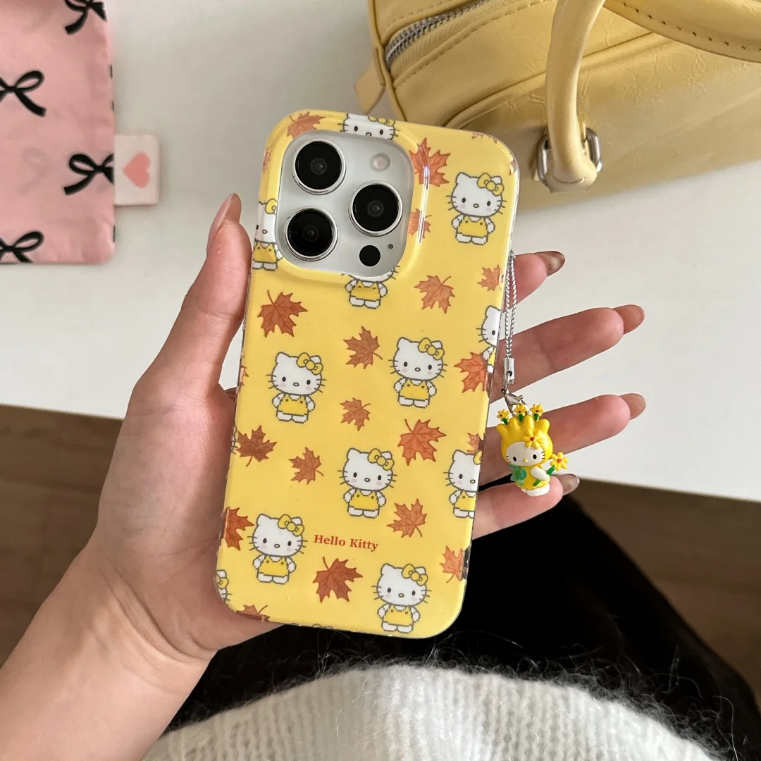 

Autumn Yellow Fallen Leaves Phone Case For iPhone 17 16 15 14 13 12 Pro Max cute Hello Kitty Maple Leaf Hard yellow Shell Cover
