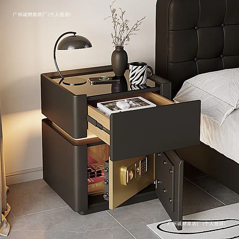 Smart bedside table safe integrated home bedroom solid wood with lock high-end light luxury multi-functional black storage cabin