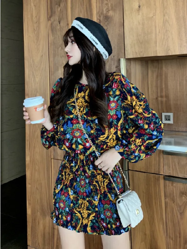 Lantern sleeve floral slim fit waist cinching spring/summer dress for women 2024 new retro high waisted hip wrap skirt CIOO