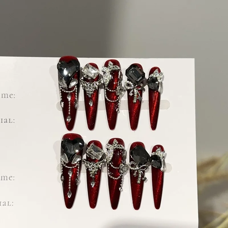 

10PCS Burgundy Cat Eye Press on Nails Long Stiletto 3D Design Luxury Crystal Y2K Style Fall Winter False Nails Handmade Nails