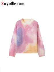 SuyaDream Women Mohair Pullovers Wool Blend Printed Loose Sweaters 2023 Fall Winter Fashionable Top Blue Pink