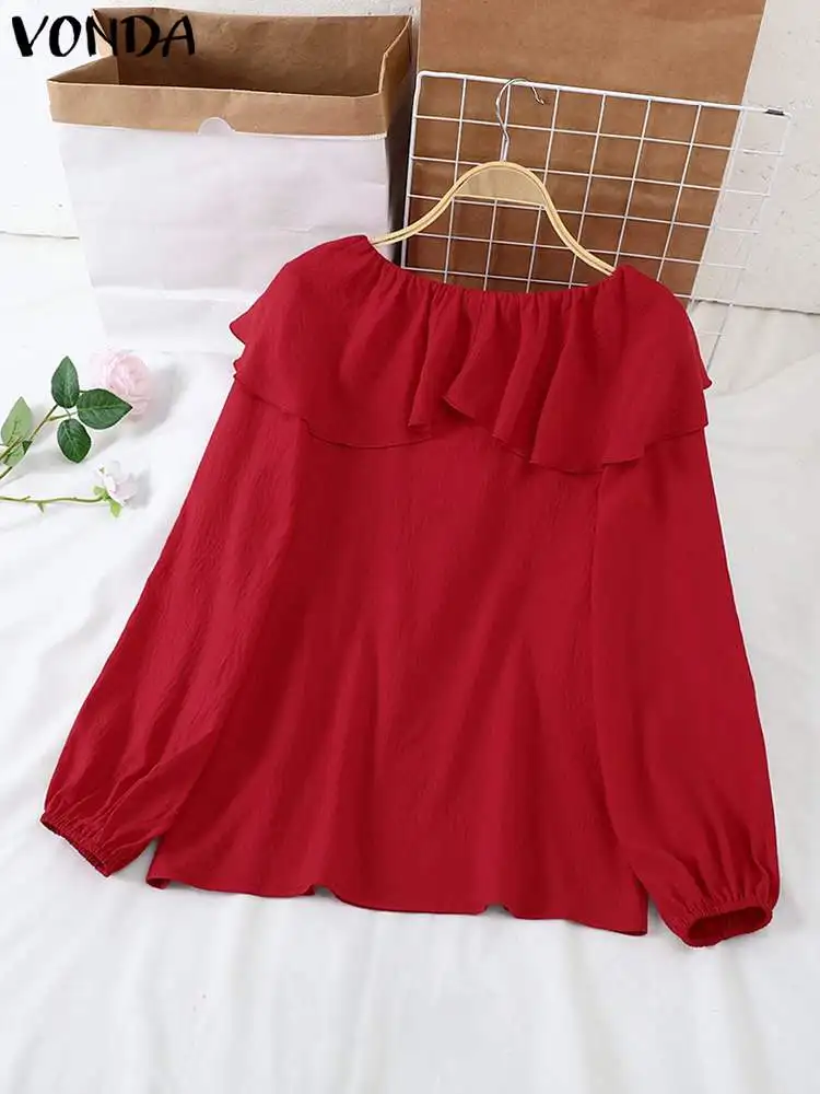 VONDA Women Elegant Ruffled Blouse Fashion Lantern Long Sleeve Tops 2024 Casual Solid Color V-neck Sweety Tees Streetwear Blusas