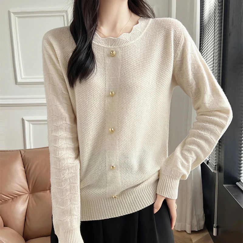 Women\'s Pullover Autumn/Winter 100% Wool Sweater Casual Solid Knit Sweater Round Neck Loose Tops Fashion Korean Hollow Blouse