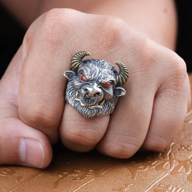 Vintage Bull Devil Rings for Men Women Chinese Mythical Animal Ring Hip Hop Rock Jewelry Gift Resizable