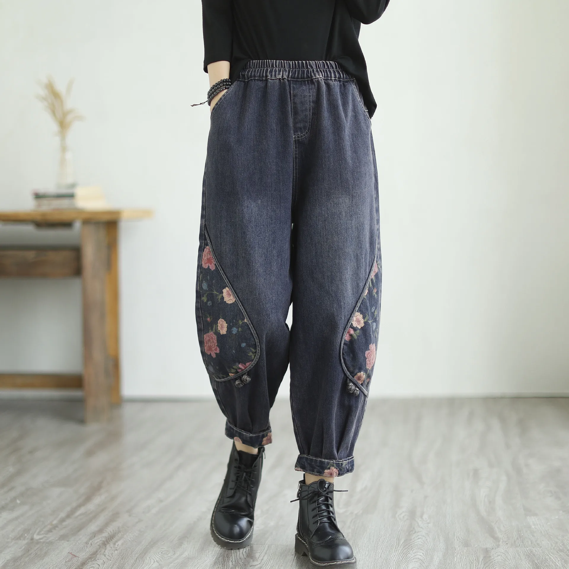 

2024 Autumn New Style Korean Version Loose-fit Slimming Jeans Women's Elastic Waist Harem Pants Nine Points Hip Hop Pants XK169