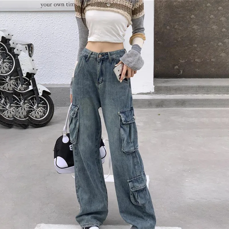 새로운 여성 하이 스트리트 작업 청바지, 봄 여름 하이 웨이스트 스트레이트 레그 청바지, 여성 캐주얼 데님 와이드 레그 바지 조수