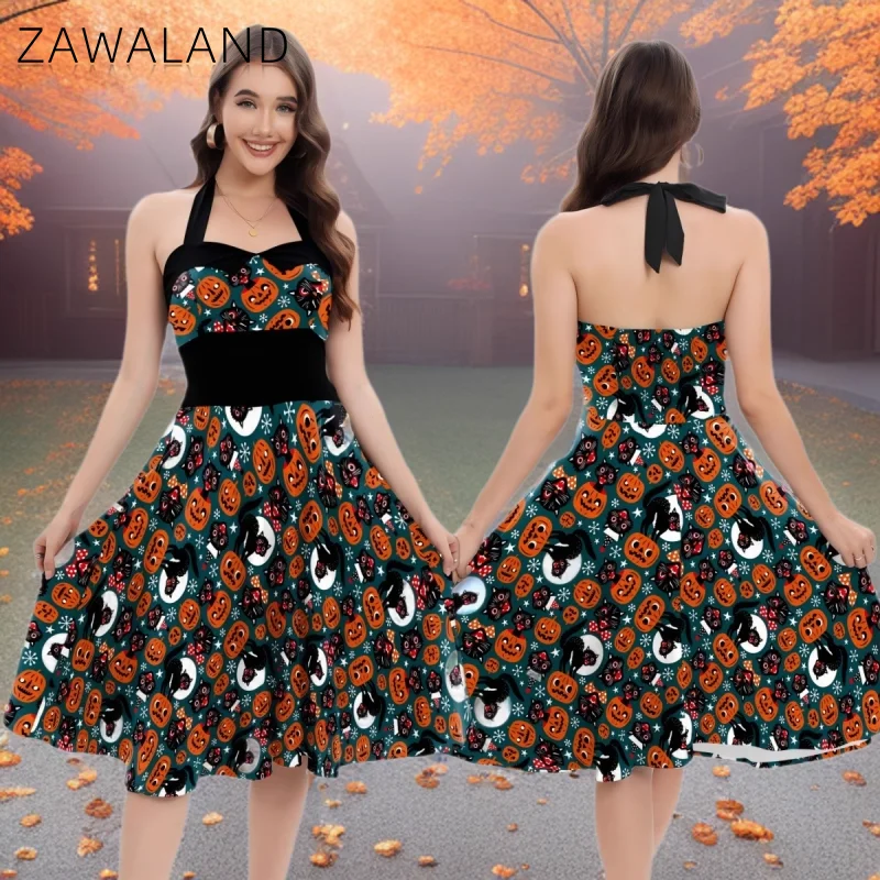 

Pumpkin Black Cat Printed Cosplay Dresses Halloween Stage Lace Up Backless Dress Woman Holiday Costume Carnival Party Outfits