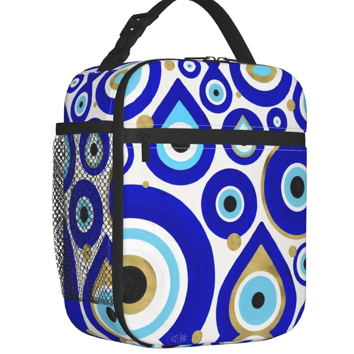 

Evil Eye Charms On White Insulated Lunch Tote Bag for Women Moroccan Nazar Portable Cooler Thermal Food Lunch Box School