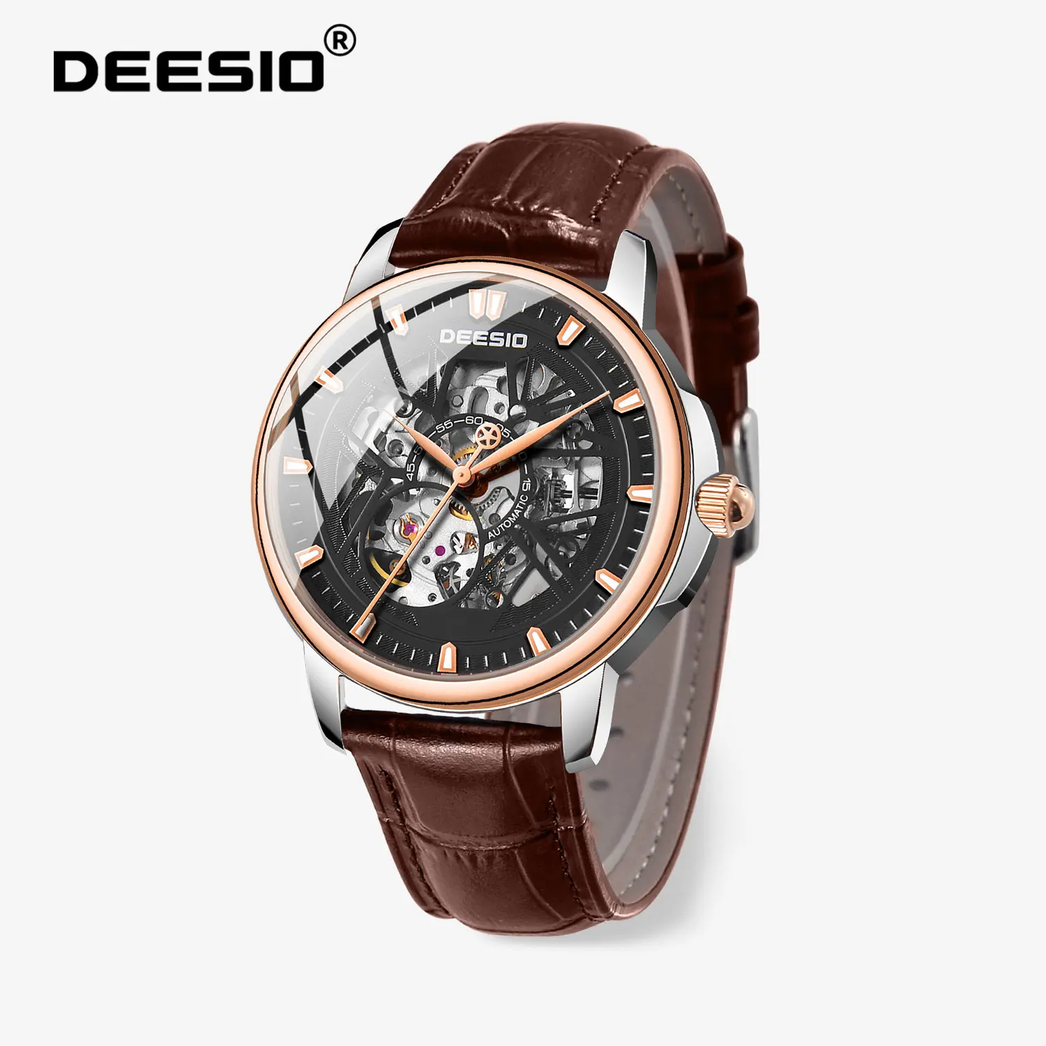 Deesio Herren-Armbanduhr, automatisch, mechanisch, Edelstahlgehäuse, wasserdicht, Business-Casual-Armbanduhr mit echtem Lederarmband, Geschenk