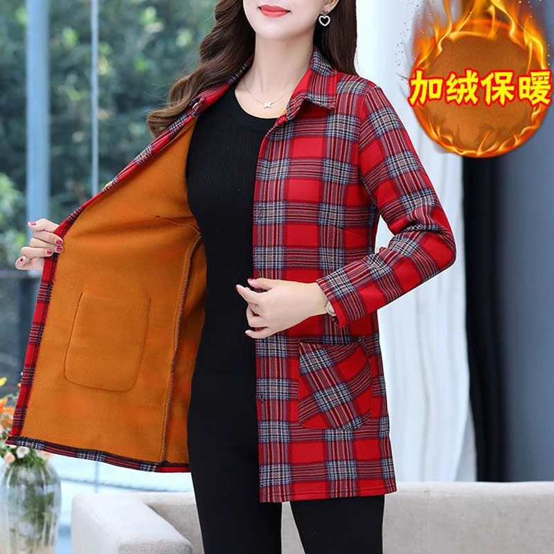 Winter New Plaid Fleece Pockets Patchwork Blouse Long Sleeve Loose Plus Size Vintage Shirt Tops Casual Fashion Women Clothing