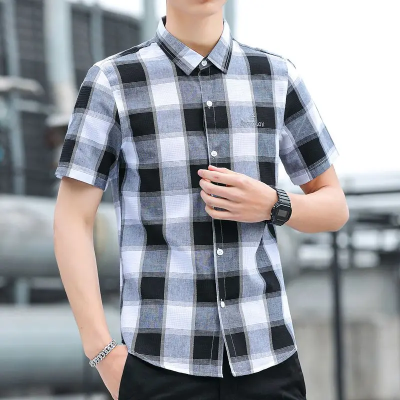 Men's Clothing Summer Button Checkered Cardigan Short Sleeve Letter Turn-down Collar Contrast Color Shirt Casual Formal Tops