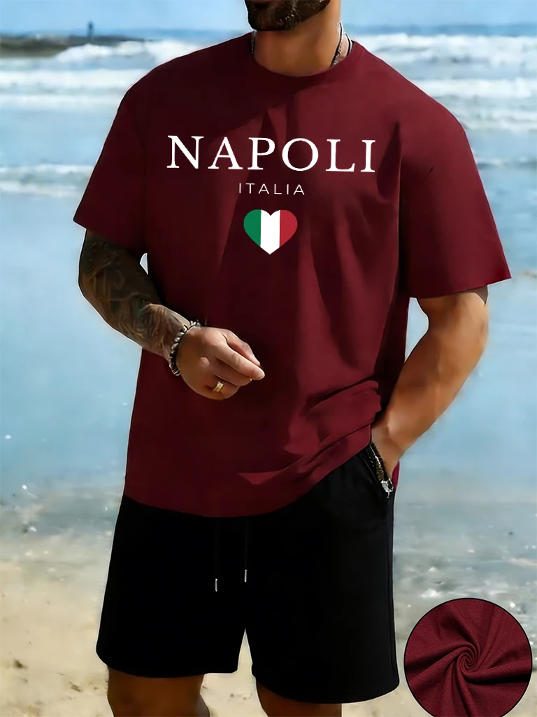 

Napoli Italia Letter And Flag Pattern Men Cotton Loose Short Sleeve Suit Classic Sport Street T-Shirt Fitnes Summer Tee & Shorts