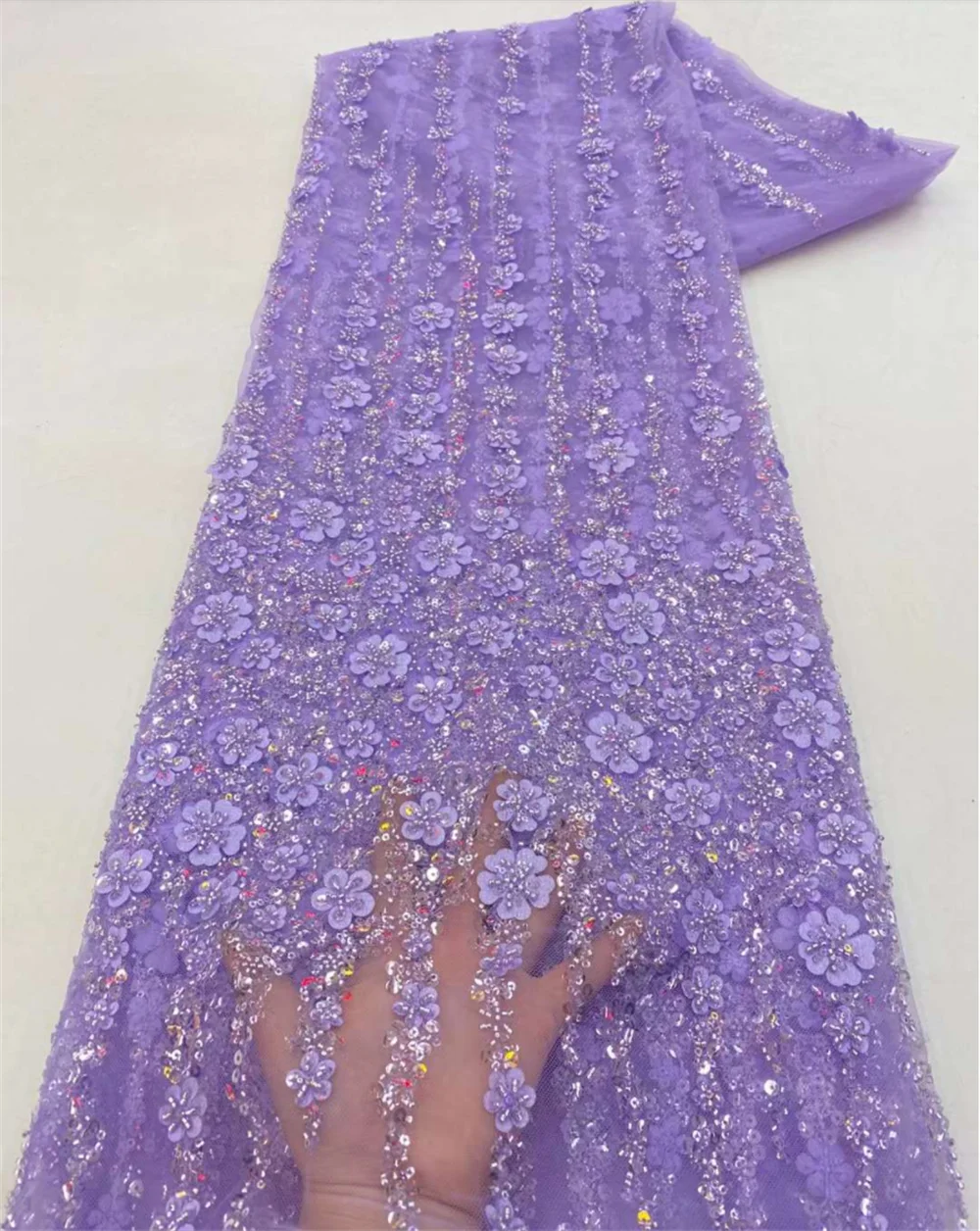 Newest Vertical Floral Design Sequins And Bead Tube Lace Nigeria Mesh Tulle Fabric For Elegant Boubou Or Bridal Party Dresses