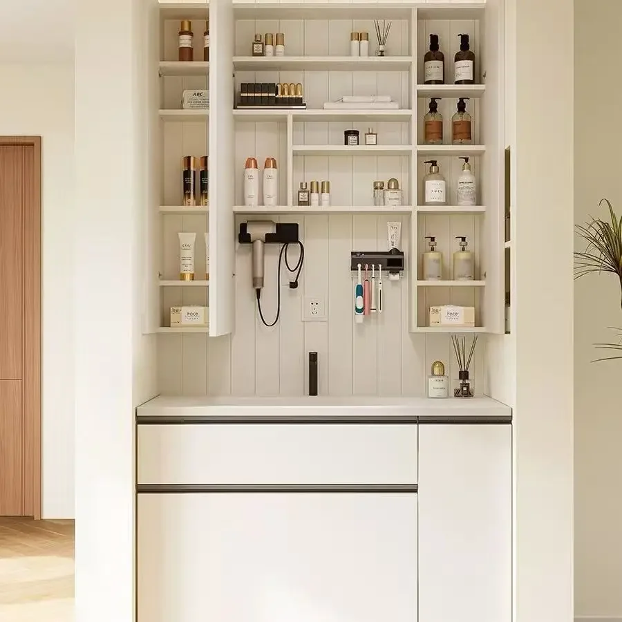 Japanese-style simple storage bathroom cabinet through top mirror bathroom pull basket ceramic integrated wash basin