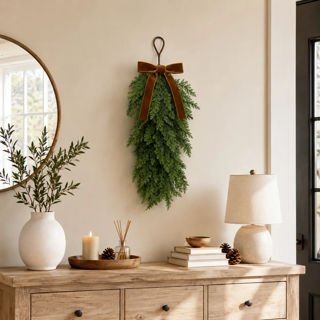 2 Stück Künstliche Zedern-Tropfenkranz mit Samtschleife, Hängendes Evergreen-Grün für Weihnachtsdekoration an Tür, Wand, Kamin und für Feiertage – Detail 5