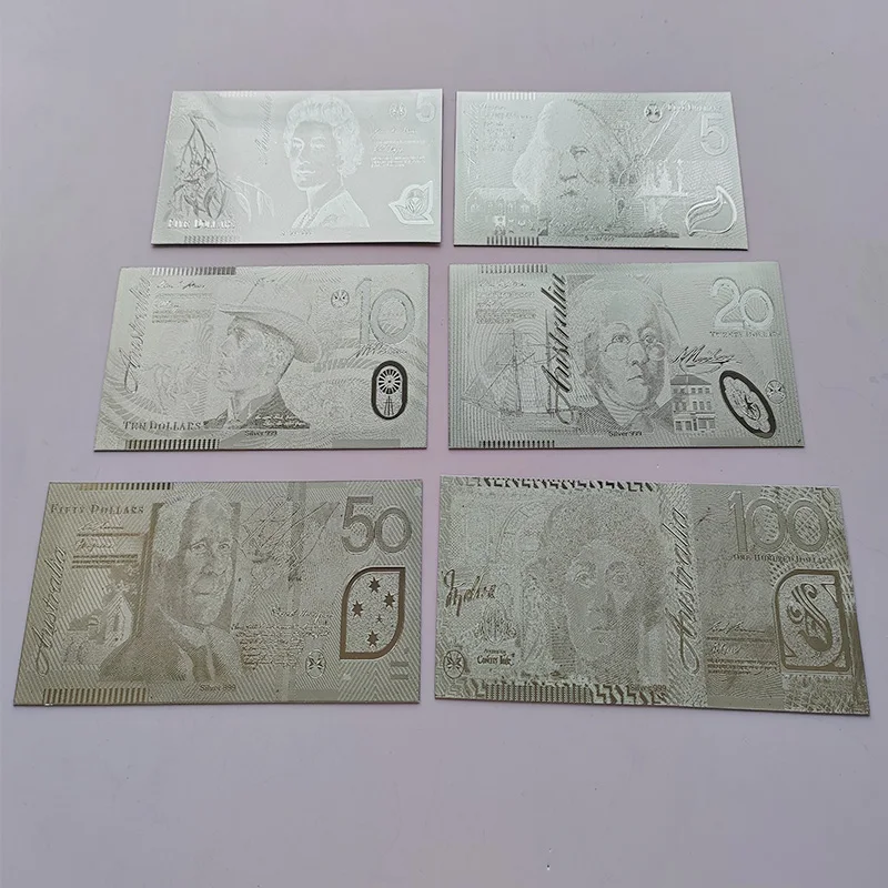 6Pcs/set 24K Gold Color Plated Banknotes Dollar Pound Silver Foil Banknote Set Plastic Money for Business Gift for Collection