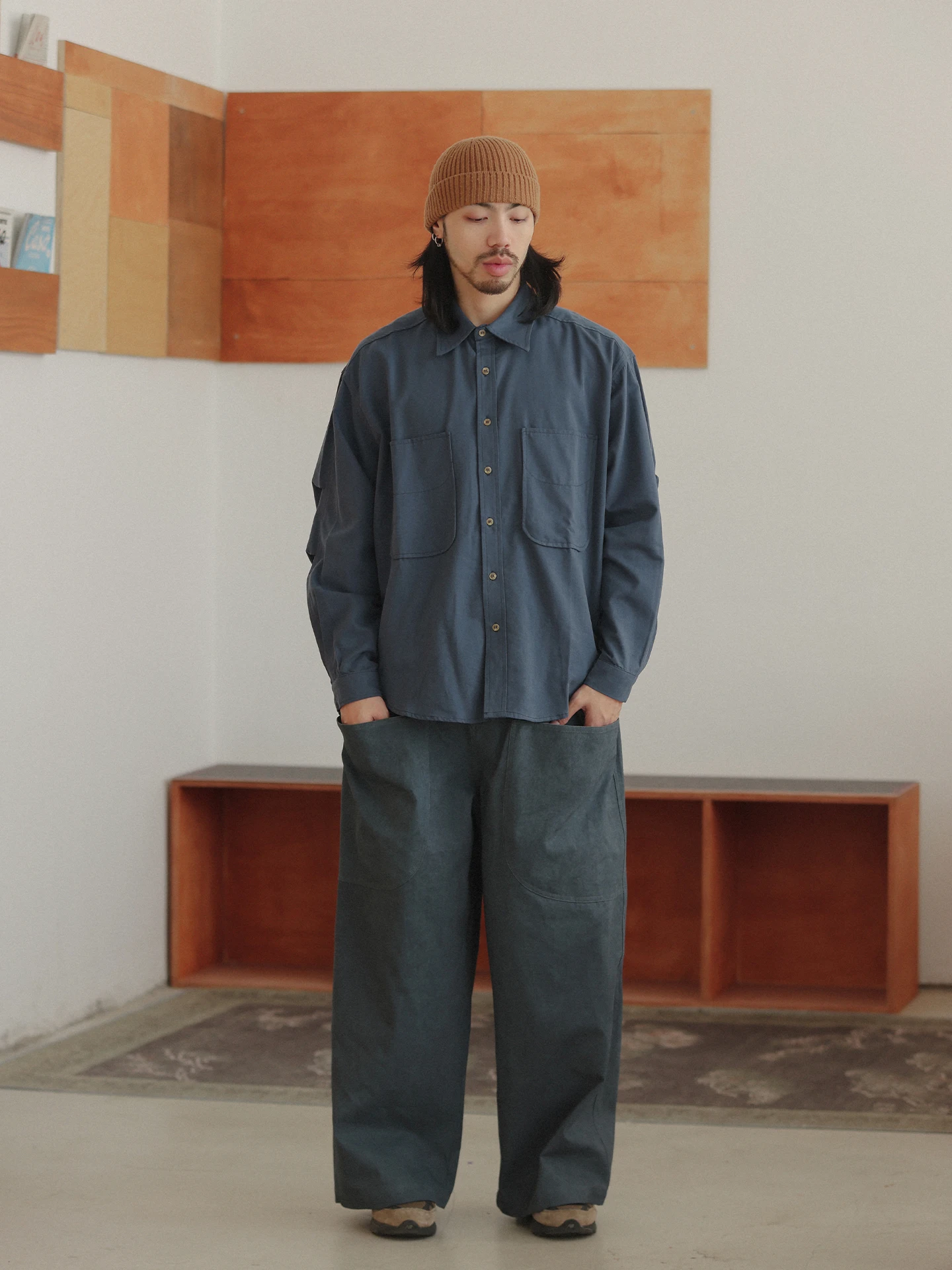 

Японская ретро-рубашка Noears из хлопка, свободного кроя, с заниженной линией плеч и квадратным воротником, осенняя, синего цвета