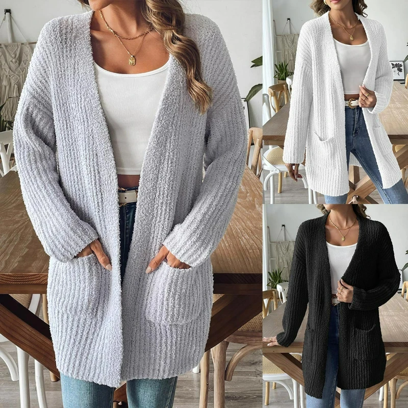 

Knit Cardigan Women Casual Coat Full Sleeve Solid Pockets Coat V Neck Sweater Coats Open Stitch Office Lady Autumn Streetwear