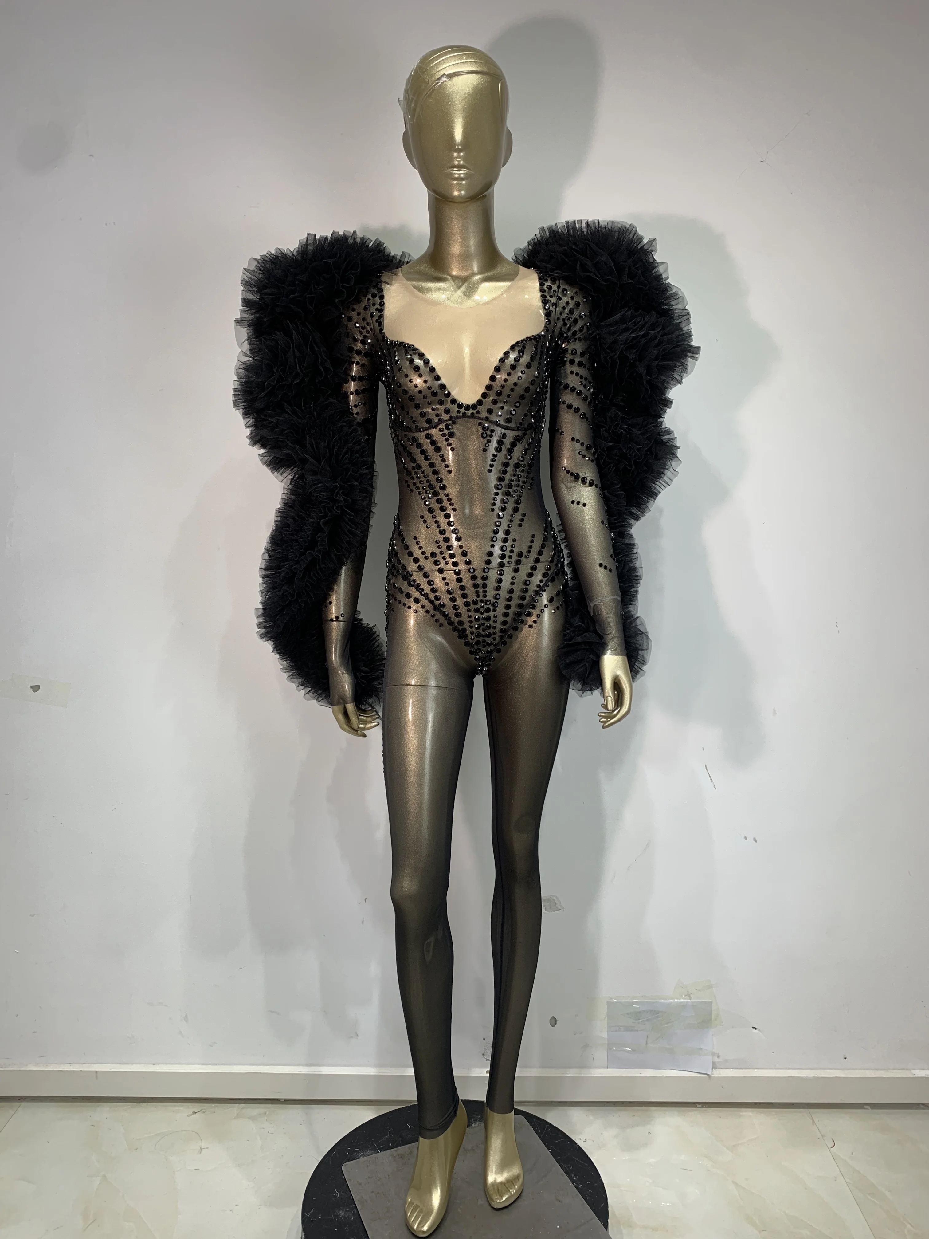 

Sparkly Black Rhinestones Long Sleeve Jumpsuit for Women Sexy Transparent Birthday Evening Party Stage Performance Costume