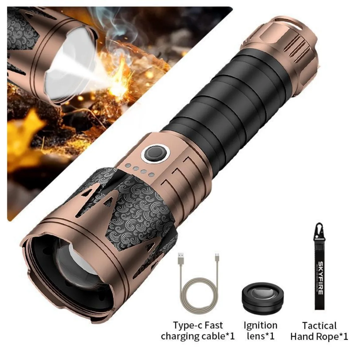 

Super Bright Zoomable LED Flashlight SKYFIRE Rechargeable Powerful with Ignition Lens Zoomable Torchlight for Camping Hiking