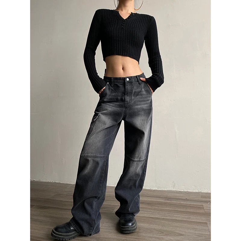 Design Pocket American Retro Distressed Straight Jeans Women's Versatile Loose Cargo Pants High Street Fashionable Trousers