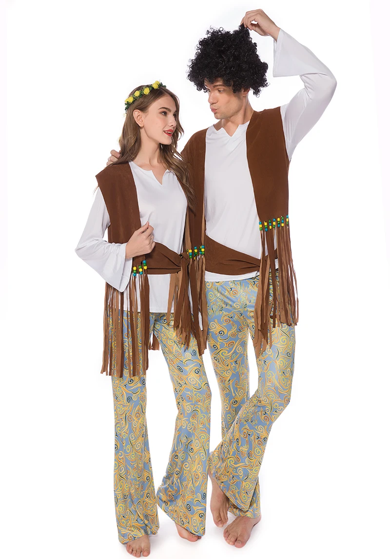 Halloween Paare Cosplay Kleidung Herren Disco Hippie Schlaghose Große Größe Retro 70er Jahre Outfit Damen Ethnisches Bühnenkostüm