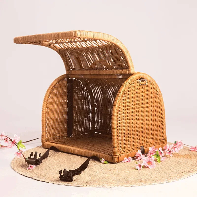 Portable Rattan Cat Carrier Backpack Handheld Travel Cage Breathable Pet Nest for Small Cats Outdoor Walking