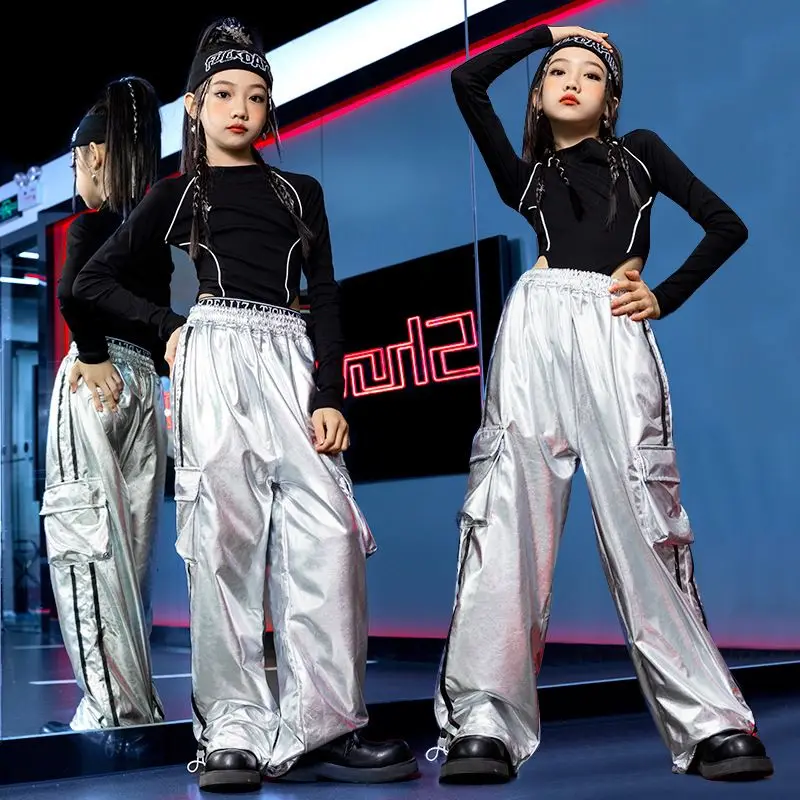 Girls Jazz Dance Hip Hop Outfit Child Model Catwalk Stage Dance Show Costume Black Navel Top White Trousers