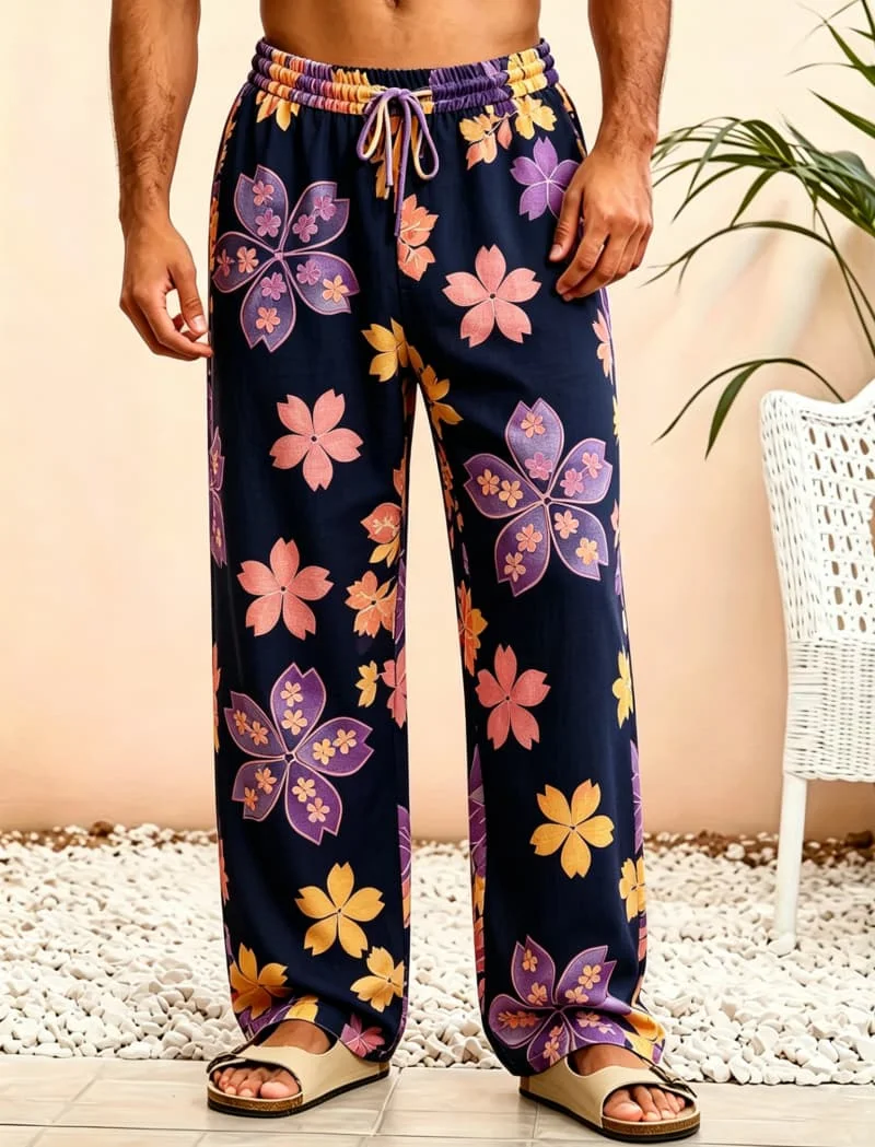 Men's minimalist floral casual pants with elegant style patterns, suitable for summer vacations, leisure time, and home wear