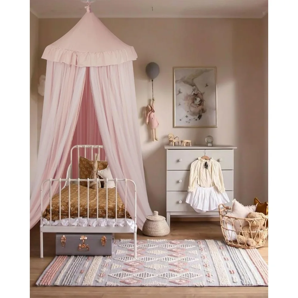 Double Layer Princess Bed Canopy with Star Lights, Breathable Pink Tent for Girls Room, Machine Washable 40x106