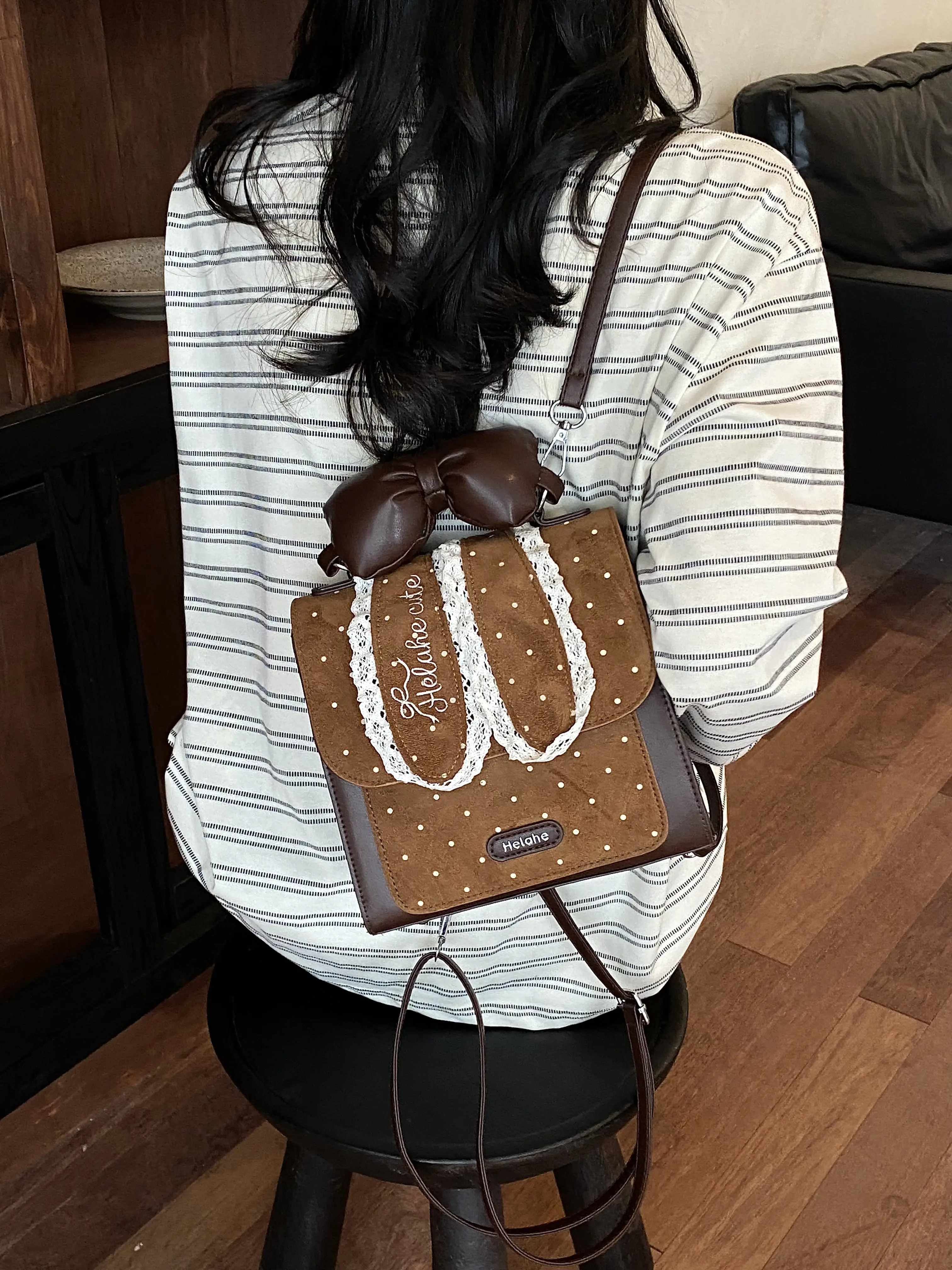 Cute Rabbit Ears Backpack Fashion Bow Wave Point Mini Book Bag Japanese Cartoon Color blocked Backpack Women's Shoulder Bag