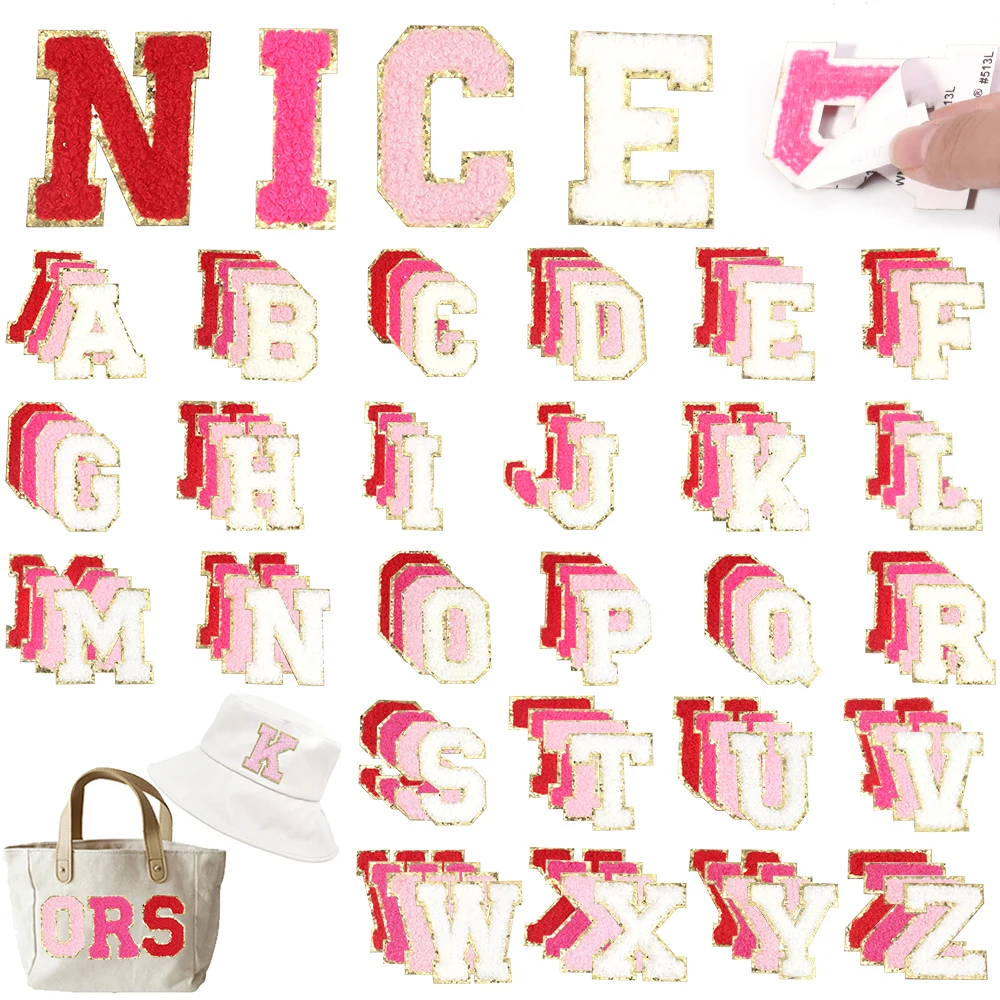 

6Pcs 5.5cm Pink Series 26 English Letters Gold Border Towel Embroidery Cloth Sticker Clothing Accessories Self-adhesive Version