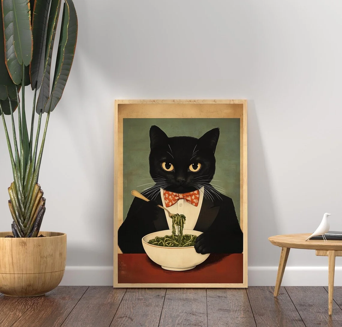 Whimsical Dapper Cat Pasta Wall Art - Nostalgic Graphic Print of a Sophisticated Cat Enjoying Pasta, Evoking Mid-Century Vintage