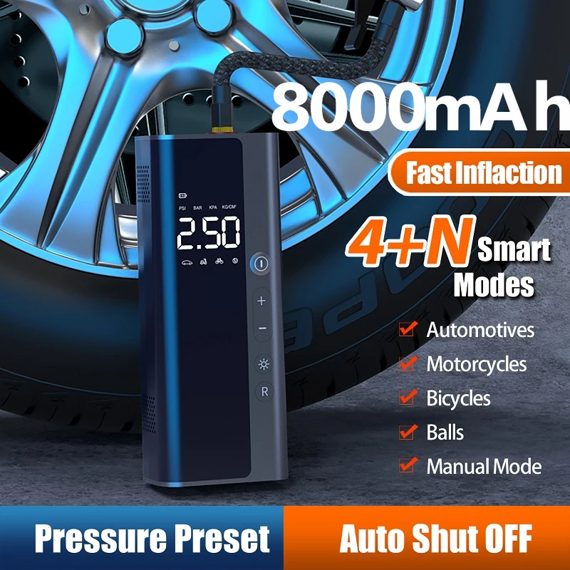 12V Portable 8000mAh Car Air Compressor Wireless for Motorcycles Bicycle Tire Inflator Digital Mini Auto Inflatable Air Pump