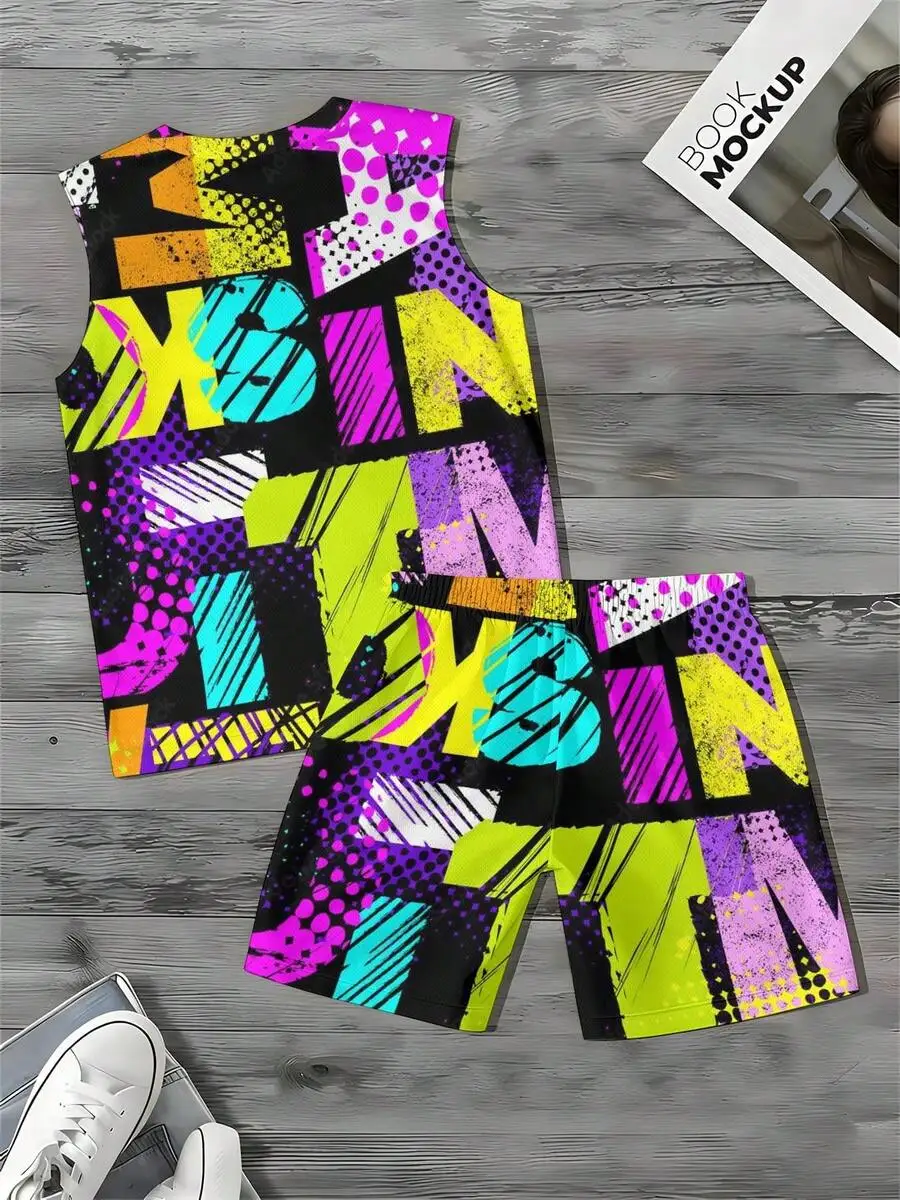 Colorful Abstract Pattern 2026 European & American Spring Summer Autumn New Style Wide Shoulder Tank Top & Beach Shorts Set Men view 5