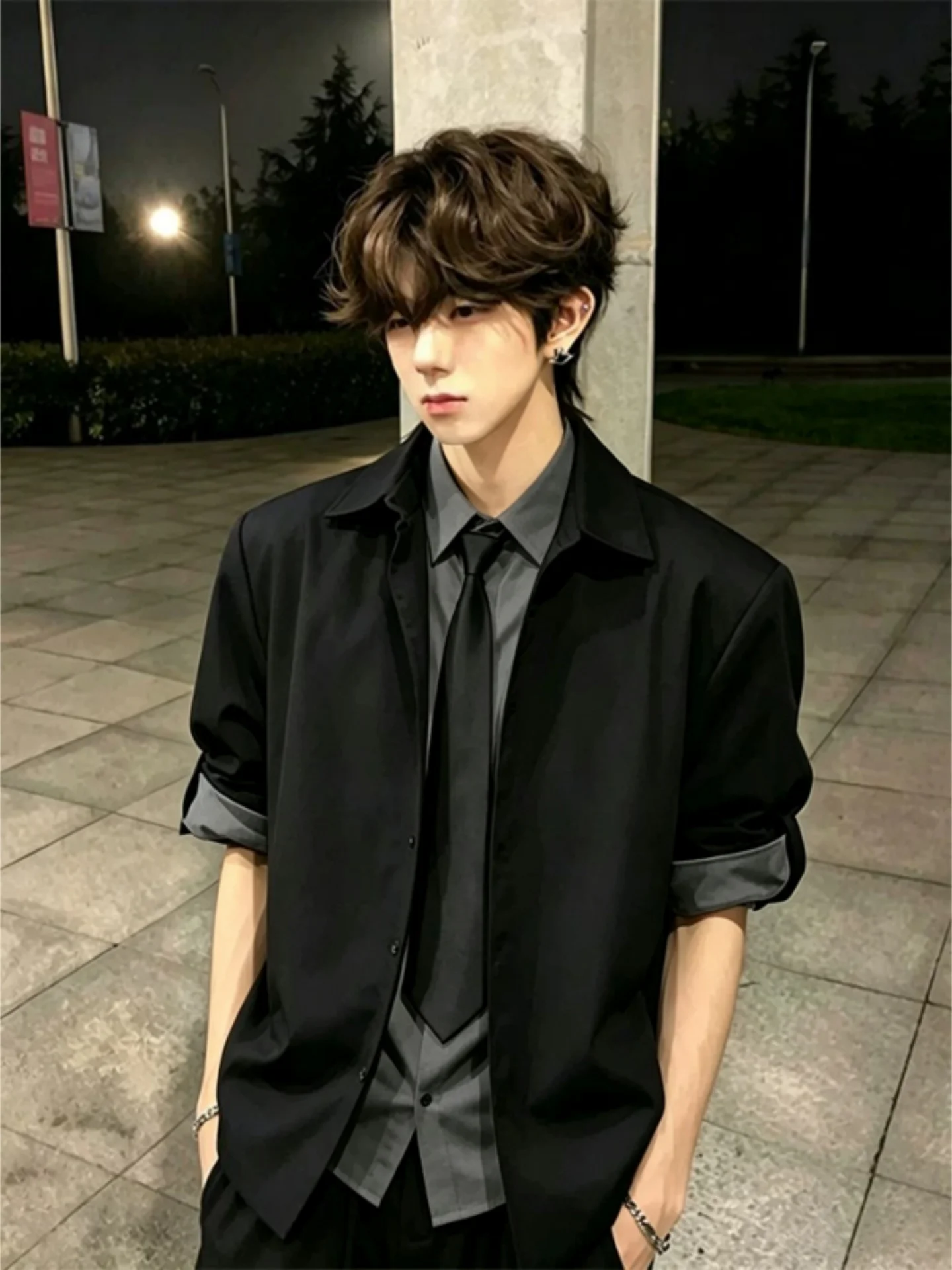 Black Long Sleeve DK Tie Shirt Men's Early Autumn New High-End Feel Shirt Jacket Loose Fit Casual Style Fashion Urban Daily Wear