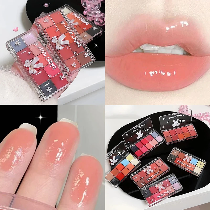 10-Color Lip Jelly Plate Mirror Crystal Lip Gloss Moisturizing Water Glass Red Orange Lip Oil Balm Sexy Plump Makeup Palette New